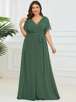 Sandie A Line Dress with Deep V Neck Ruffles