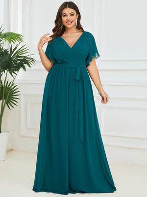 Sandie A Line Dress with Deep V Neck Ruffles