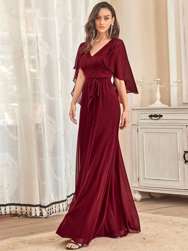 Sandy Deep V Neck Evening Dress with Lace Bella Bridesmaids