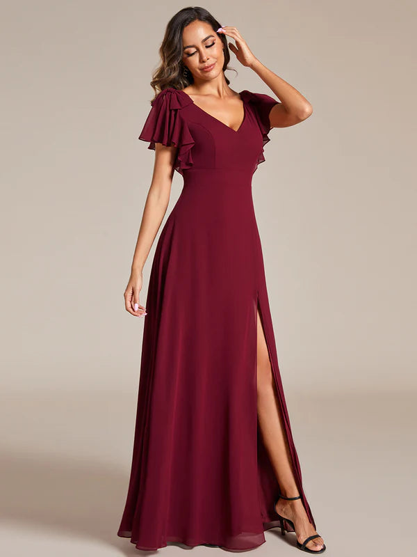 Amy Ruffle Sleeves V-neck Chiffon Dress