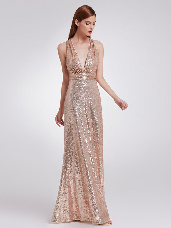 Sparkles Sexy Deep V Neck Sequins Evening Dress - Bella Bridesmaids
